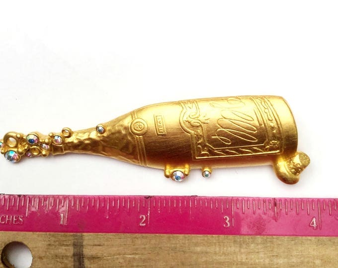 Champagne bottle Brooch - Signed JJ-Jonette Jewelry company - Gold - Rhinestone - figurine pin