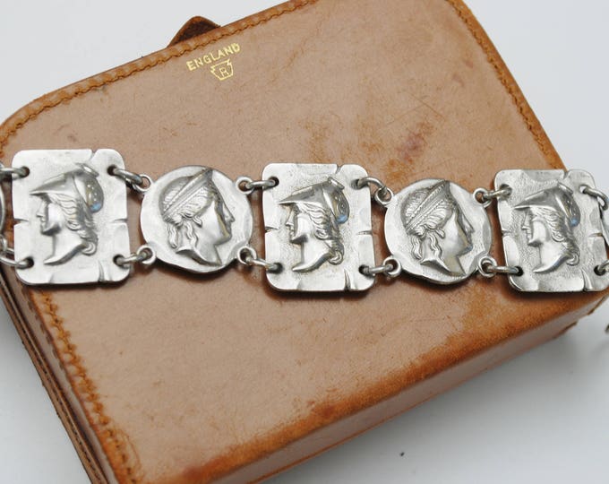 Sterling Panel bracelet - roman greek profile Head - Cameo - Pegasus - repousse silver -story telling bracelet