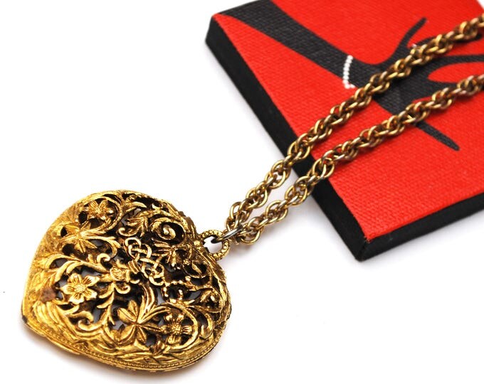 Vintage heart perfume Locket Pendant - open work repousse Gold - victorian Revival - Necklace