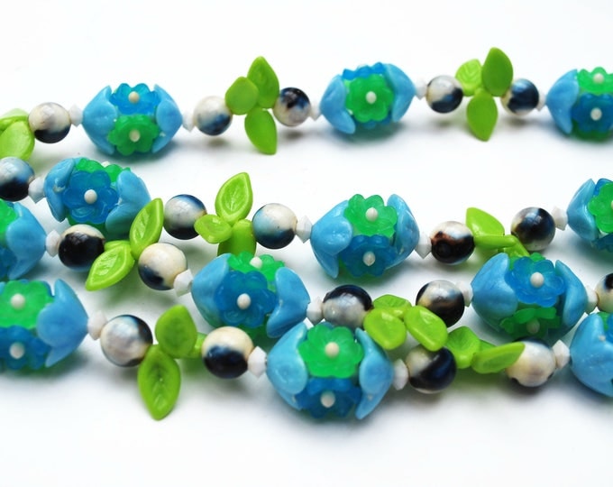 Vintage Green Blue flower necklace - Lucite plastic beads - signed Empire - long opera length necklace 50 inches