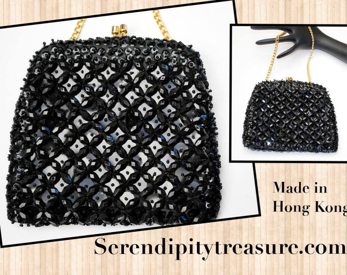 Black beaded evening bag - Signed Made in Hong Kong - vintage hand bag purse Clutch - gold chain strap