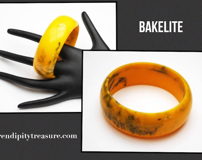 Vintage Bakelite Bangle - Marbled Black yellow Orange Mustard - Vintage plastic bracelet