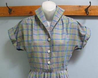 1950's Blue Green Plaid Rockabilly Dress