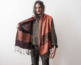 Pashmina Cashmere Wool Scarf 70s Paisley Pattern Shawl Wrap Orange Rust Red Warm Winter Scarf Echarpe En Laine et kaschmir