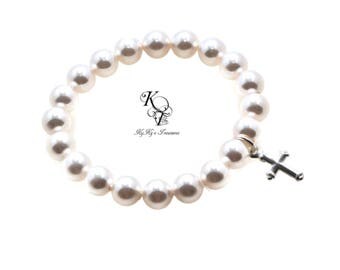 Pearl Baptism Bracelet Swarovski Pearl Baby Bracelet Elastic Bracelet Baby Boy Baptism Gift Cross Charm Bracelet Christening Gifts