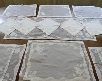 VINTAGE TABLE LINENS White Cotton Sheer Floral Set