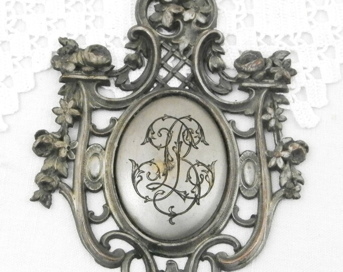 Vintage Ornate Neo Classical Silver Plated Cast Metal Plaque with Engraved Monogram L B, French Metal Decorative item with the Letters L B