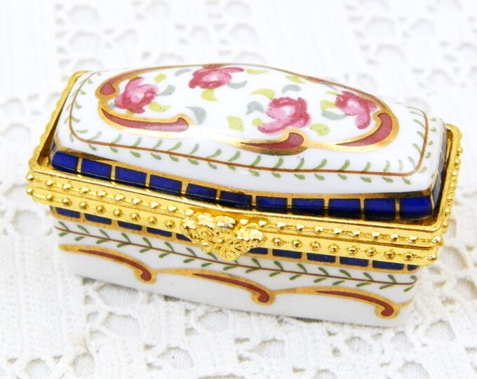 Small Vintage French Hand Painted Porcelain Pill Box with Floral Pattern, Tiny Hinged Rectangular Ceramic / China and Metal Box from France Small Vintage French Hand Painted Porcelain Pill Box with Floral Pattern, Tiny Hinged Rectangular Ceramic / China and Metal Box from France