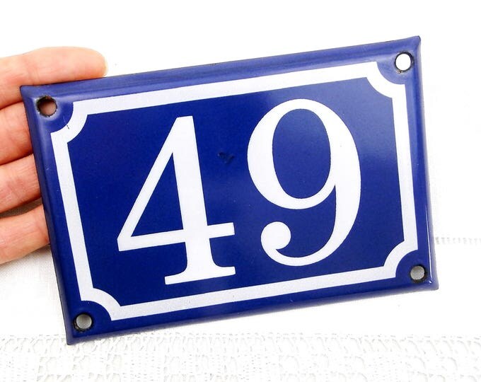 Blue and White Enamel Metal Number Plaque 49, Vintage French House Street Enameled Sign