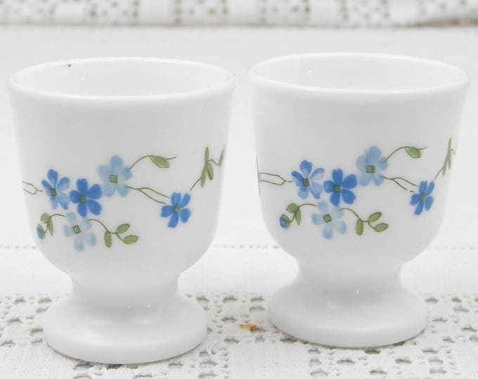 Pair 1970s Vintage French Matching White Milk Glass With Blue Flower Pattern Arcopal Egg Cups, Retro Breakfast Tableware from France