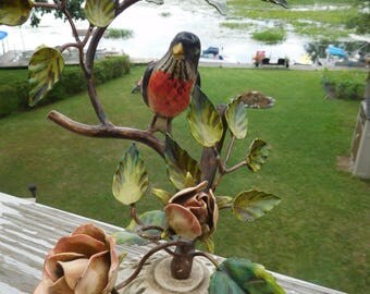 Vintage Toleware Bird on a Branch with Roses