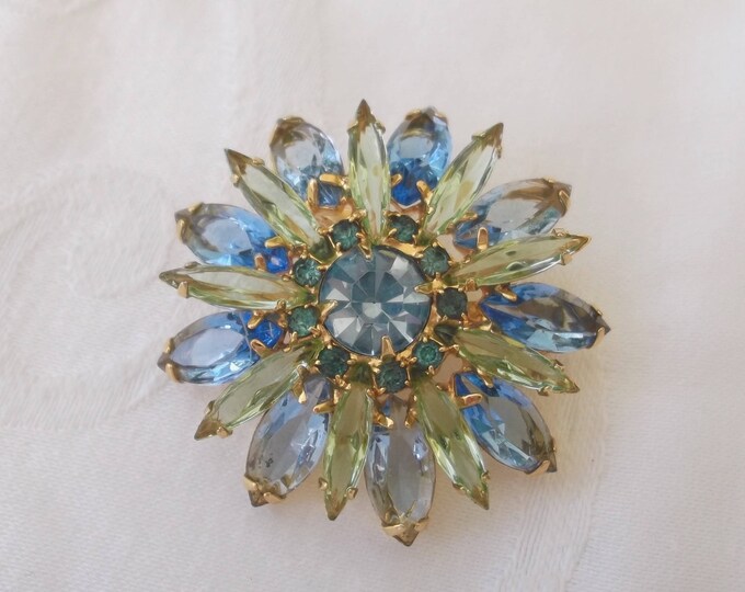 Juliana Sunburst Brooch, Layered Navette Stones, Blue Green Sparkling Pin, Vintage DeLizza and Elster