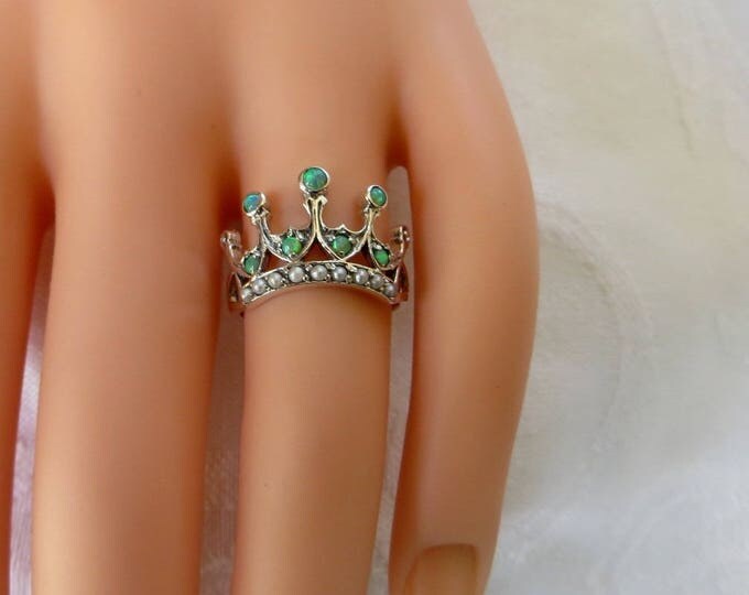 Sterling Filigree Crown Ring, Green Australian Opal, Seed Pearls, Size 6 Ring, Vintage Crown Ring