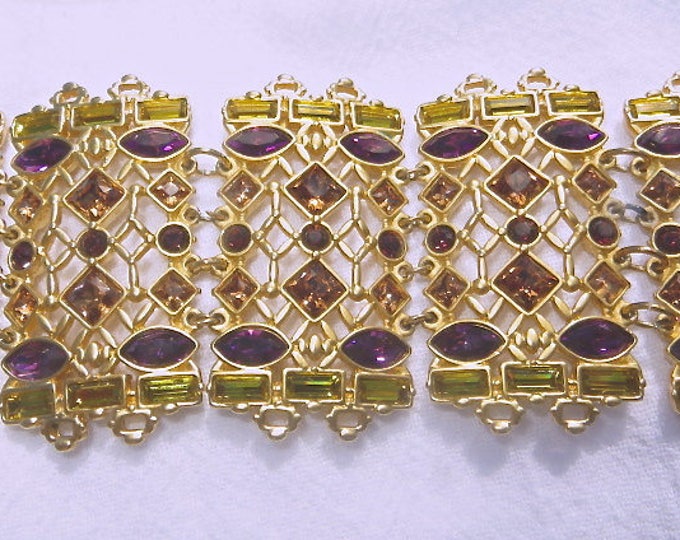 Vintage Swarovski Bracelet Jeweled Crystal Amethyst Ruby Amber Designer Signed Jewelry