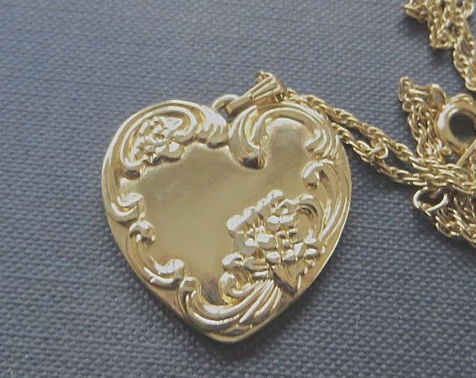 Art Nouveau Heart Necklace, Raised Floral Design, 28" chain, Layering Necklace, Art Nouveau Jewelry, Vintage Heart Jewelry, Valentines Day