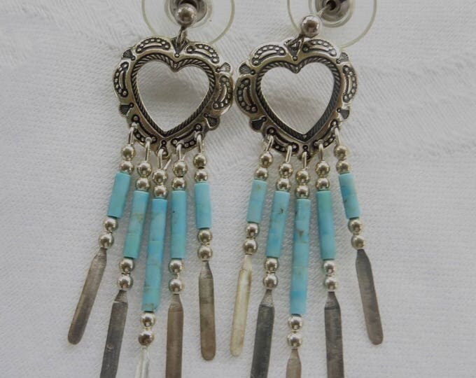 Sterling Turquoise Earrings, Etched Hearts with Turquoise Dangles, Pierced Earrings,Vintage Southwest Jewelry