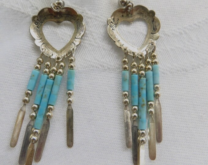 Sterling Turquoise Earrings, Etched Hearts with Turquoise Dangles, Pierced Earrings,Vintage Southwest Jewelry