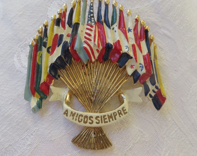 Coro WWII Brooch, Emblem of the Americas, Amigos Siempre Pin, Brunialti Book piece, Vintage Military Jewelry