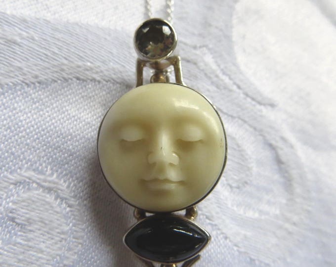 Sajen Moon Face Necklace, Moonface Pendant, Sterling Oxbone Moonstone, Vintage Sajen Jewelry
