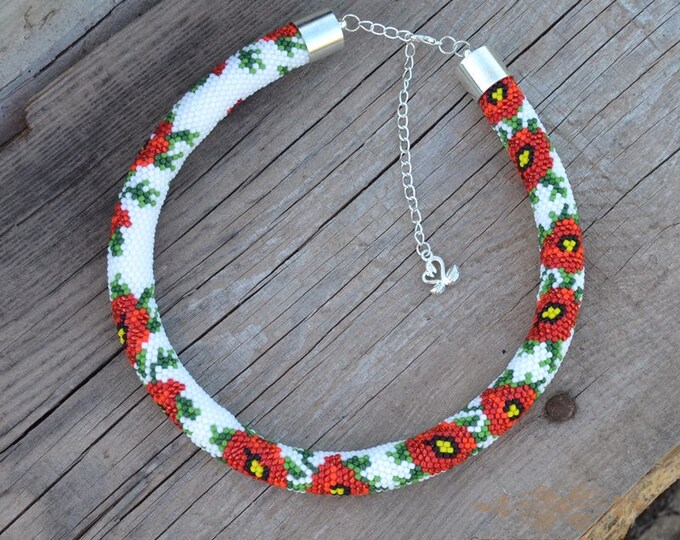 Poppies flower necklace Seed beads beaded Crochet rope Jewelry necklace Summer gift Women beadwork Crochet beading Necklace poppies girls