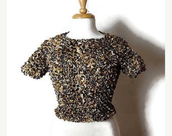ON SALE Vintage Stretchy crinkly Popcorn Blouse from 90's/Leopard*