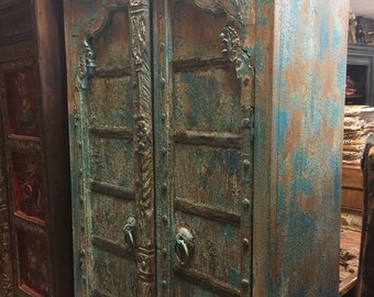 Farmhouse City Chic Antique Arched Door Cabinet, India Furniture, Blue Distressed Armoire, Iron Nailed,  Old World Charm Resort Decor