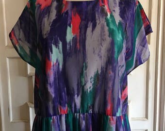 1970's Anthony Richards Paint Brush Strokes Pleated Skirt Dress, Plus Size 18/20