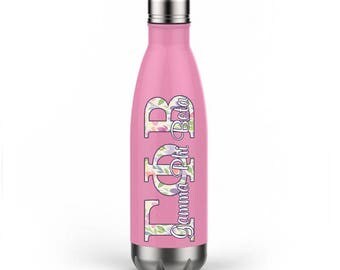 Gamma Phi Beta sorority, Cola shaped stainless steel water bottle, Screw top lid, Double wall insulated