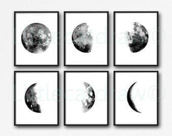 Moon Phases Print Set Of 6 Lunar Moons Living Room Decor Luna Moon Phase Black White Minimalist Home Wall Decor Wall Art Prints