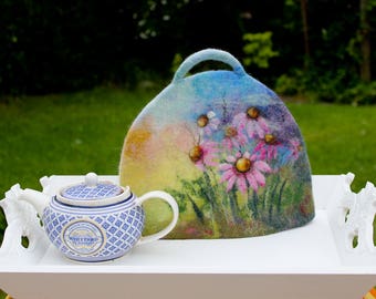 Felted Tea Cosy, 2 cups teapot cover, green teapot warmer, pink daisy, blue yellow pink, floral coffee pot cover, exclusive Gift under 50