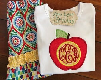 Back to School Applique Monogram Shirt & Ruffle Pants/Back to School Outfit/Applique Top and Ruffle Shorts/Double Ruffle Shorts
