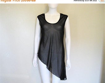 25% off SALE Sheer Black Asymmetrical Pullover Top / layering piece - Large