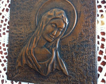 Vintage Wall Plaque Mother Mary Baby Jesus Copper Virgin