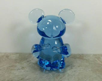 Vintage Panda Bear Blue Glass Hand Blown Figurine - Panda Bear Gift - Blue Lead Crystal Glass Gift