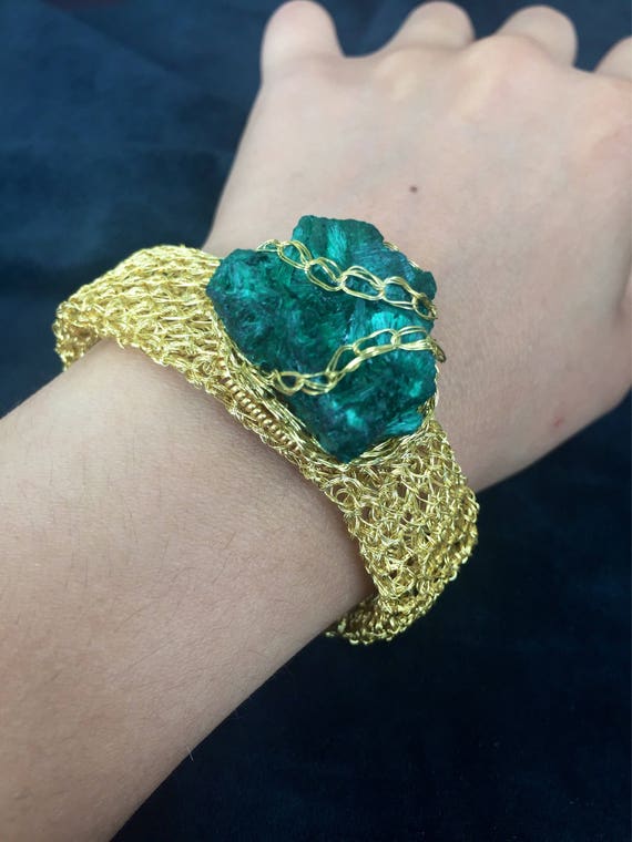Malachite in gold/Luxury gold bracelet/ wire crochet/ handmade