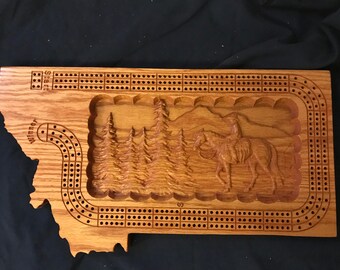 Montana shaped handmade three track cribbage board with elk