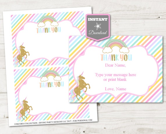 instant download printable unicorn 5x7 editable thank you