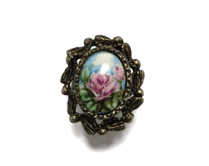 Vintage Flower Scene Antique Style Ring, Pink Rose Adjustable Cocktail Ring Size 5