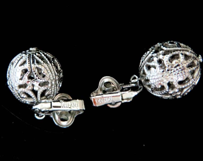 Trifari Dangling Ball Earrings | Vintage Filigree Clip-ons | Signed Designer Silver Tone Earrings