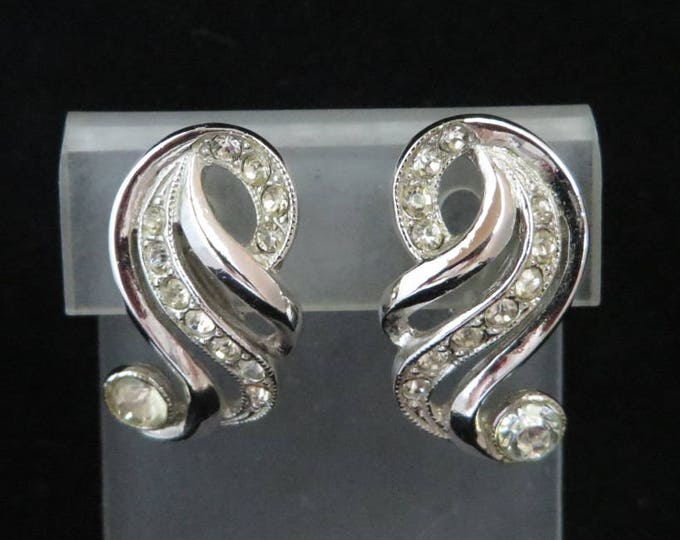 ORA Rhinestone Curved Earrings, Vintage Silver Tone Designed Signed Clip-on Earrings, Bridal Earrings