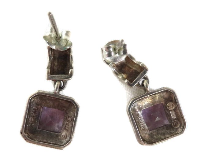 Amethyst Glass Dangling Studs, Vintage Sterling Silver Pierced Studs, Faux Amethyst Marcasite Earrings