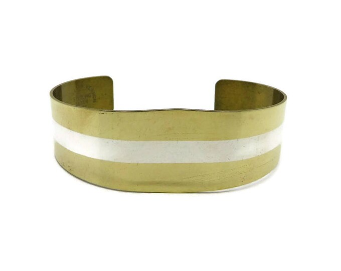 Sterling Inlay Cuff, Vintage Lillian Vernon Goldtone Cuff, Sterling Silver Inlay Bracelet, Gift for Her