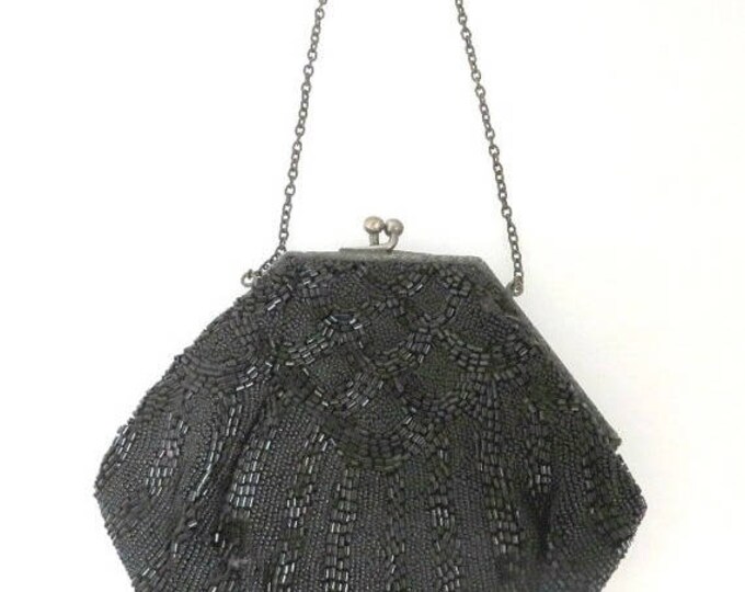 Black Beaded Evening Bag, Vintage Sparkly Beaded Handbag