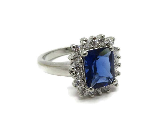 Sterling Silver - Sapphire CZ Cocktail Ring Vintage FAS Sterling Silver, Blue and White CZ, Dinner Ring Size 8