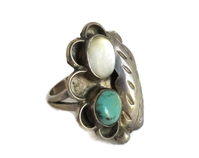 Sterling Silver Ring, Turquoise & MOP Ring, Navajo Feather Ring, Vintage Native American Jewelry, Statement Ring, Gift for Her, Size 6