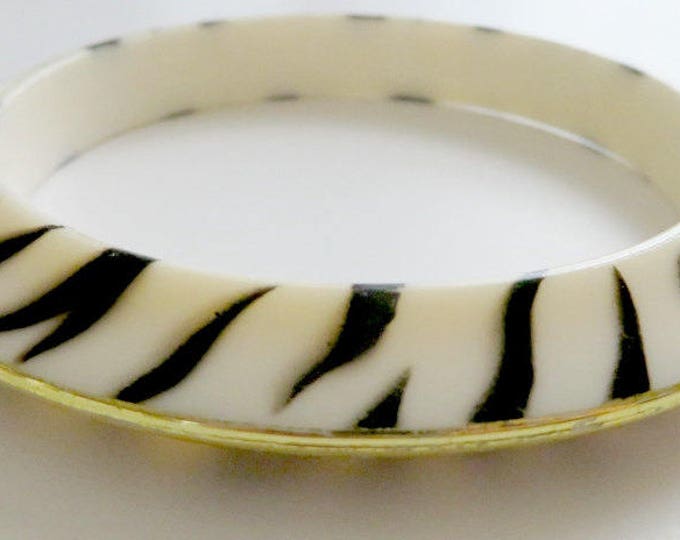 Lucite Bangles, Vintage Pasadena Jewelry Zebra Stripe, Cream Bracelets, Gold Edged Bangles, Gift for Her