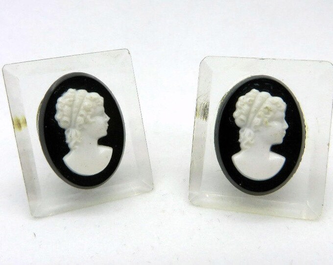 Lucite Cameo Earrings, Vintage Black White Cameo Lucite Square Screwback Earrings
