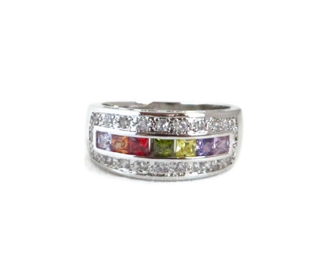 Sterling Silver Multicolor CZs Ring, Vintage Wide Band Ring, Size 8