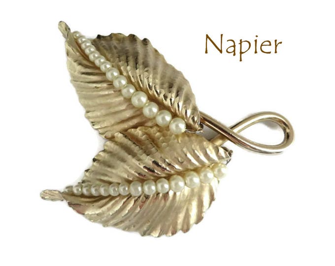 Napier Leaf Brooch, Vintage Faux Pearl Double Leaf Gold Tone Brooch, Signed Napier Jewelry Gift for Her, Gift Box