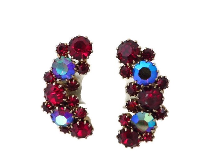 Red Rhinestone Earrings - Vintage Signed Karu Arke Clip-on Earrings, Bridal Jewelry, Formal Wear, Perfect Gift, Gift Box